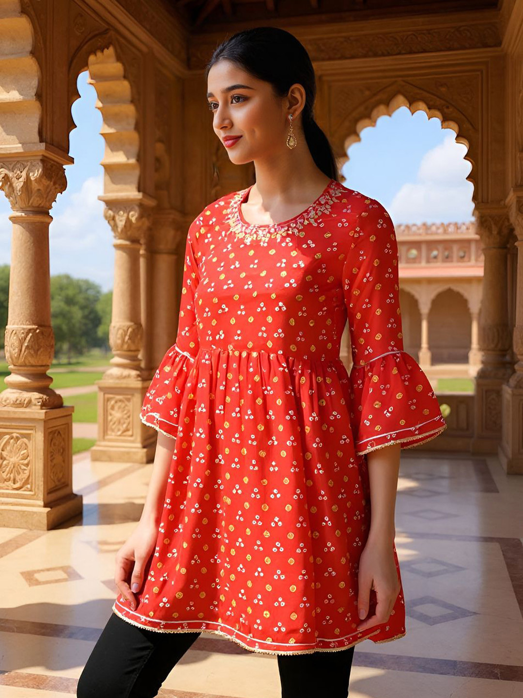 SZN Women Bandhani Print Bell Sleeves Ethnic Tunic