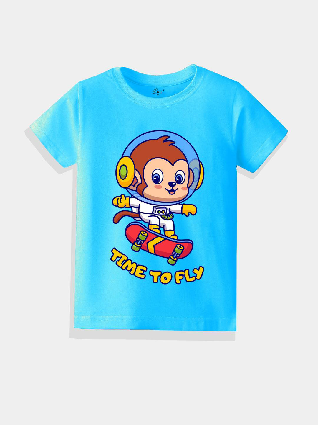 KAVEE Pure Cotton Half Sleeves Baby Monkey & Time To Fly Text Printed Bio Washed Tee - Sky Blue