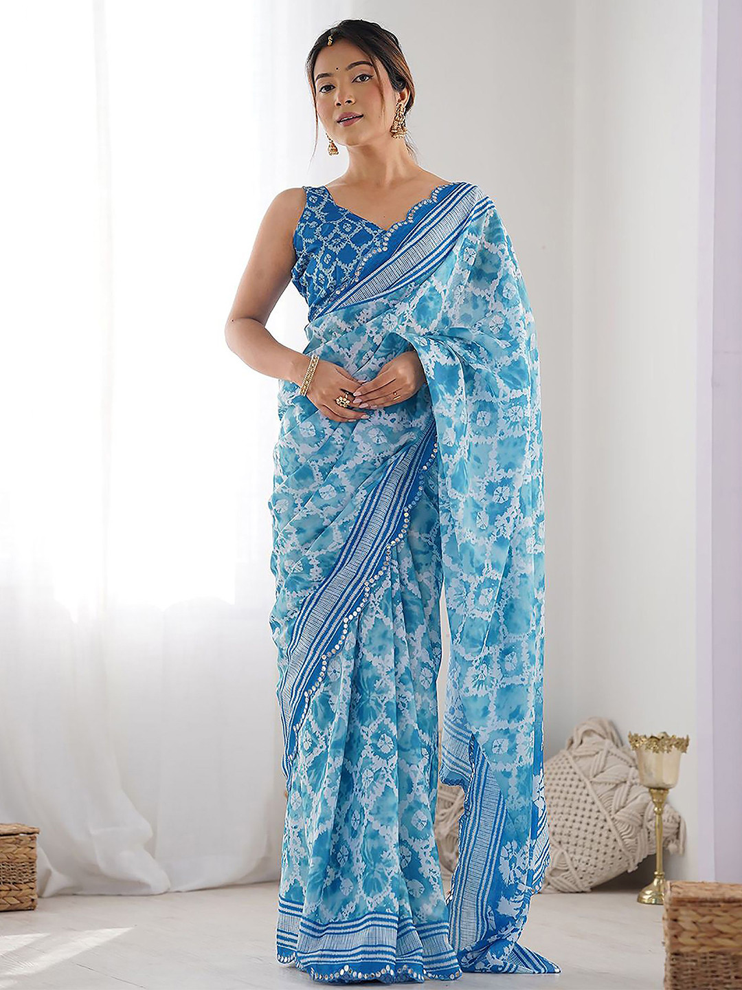 Mitera Floral Printed Mirror Work Border Block Print Saree with Blouse Piece