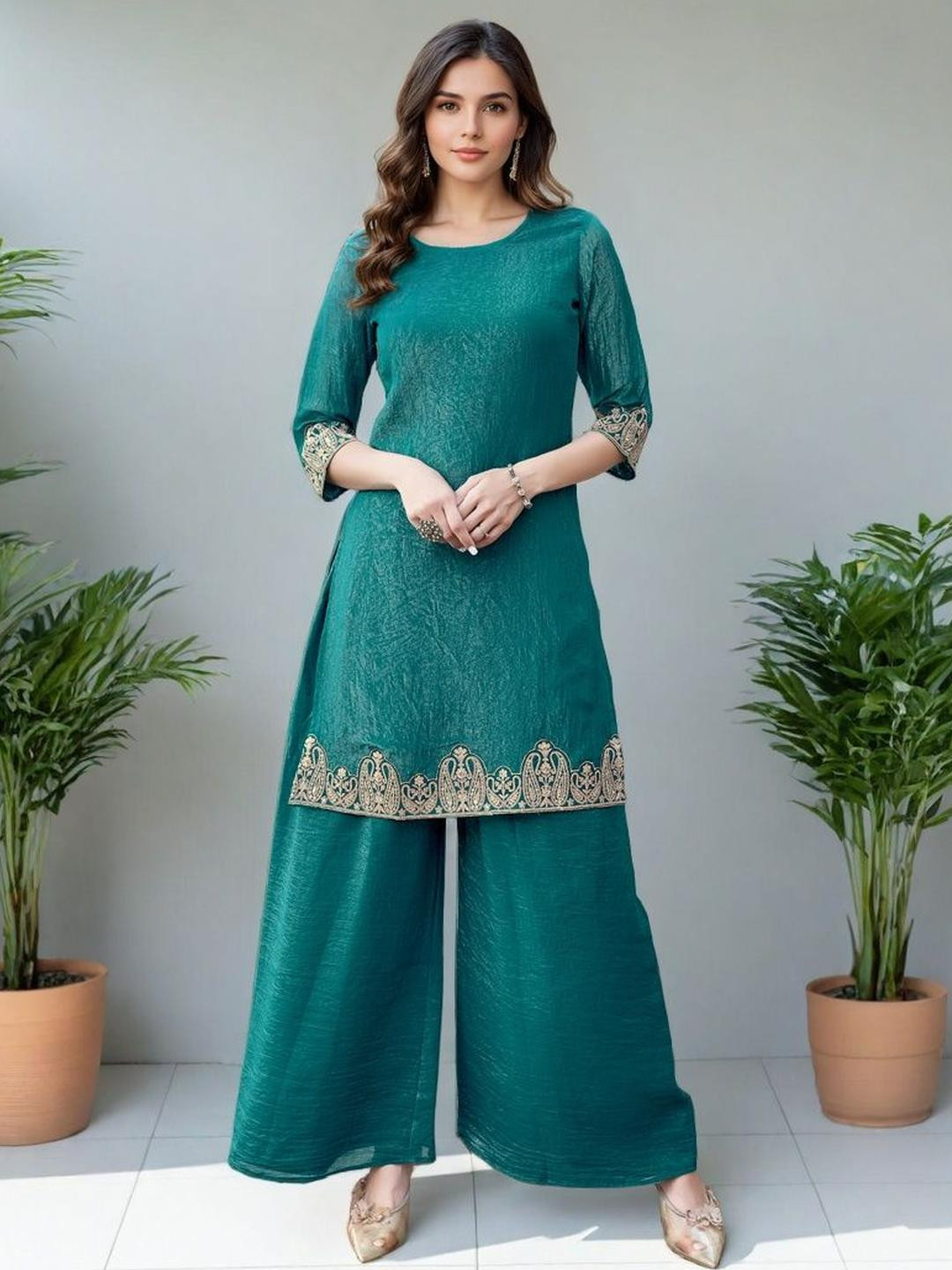 Teal Embroidered Tunic with Flared Palazzos