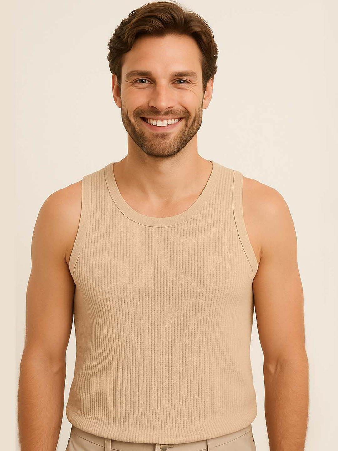 Organic Chics Men Waffle Textured Round Neck Sleeveless Tank Vest