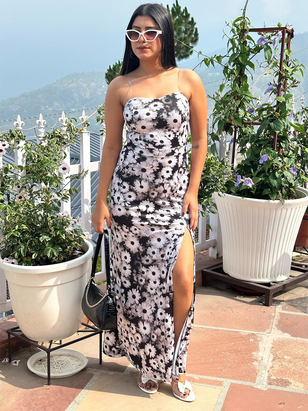 TANDUL Women Black & White Floral Print Strapless Maxi Dress