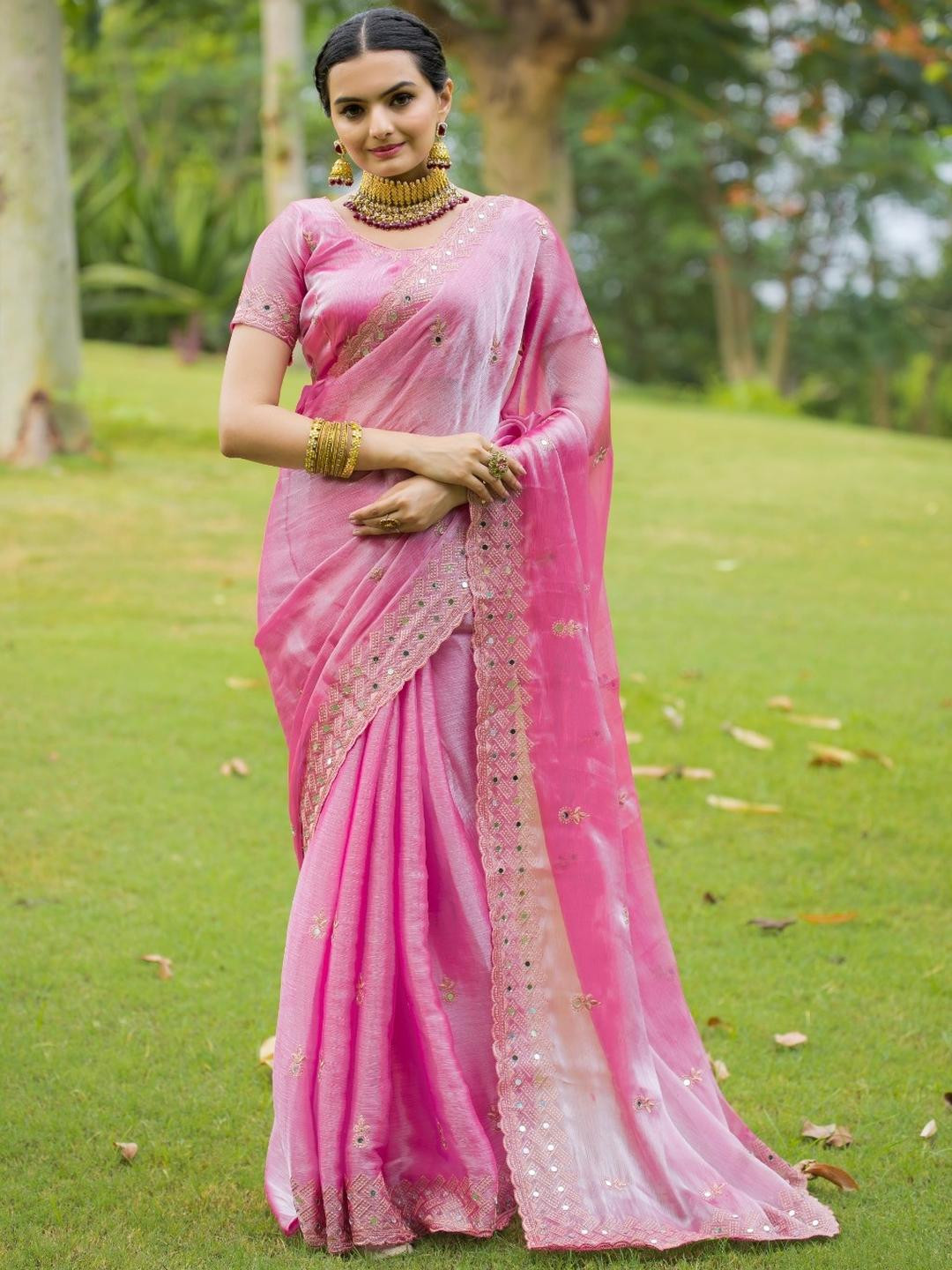 Prettyage Pink Organza Banarasi Saree With Embellished Border And Unstitched Blouse