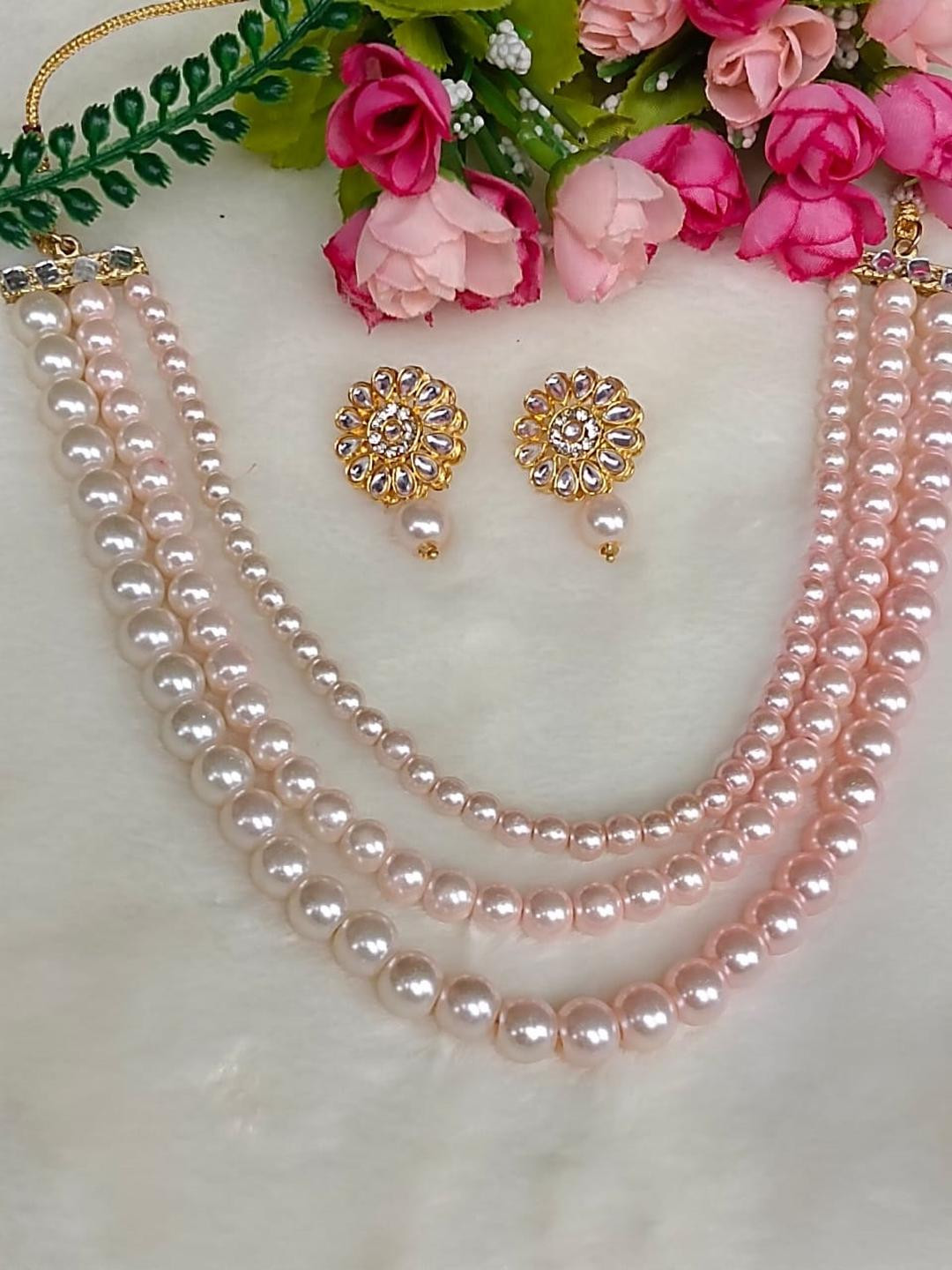DENICRAAS 3 Layer Pearl Beaded Necklace & Stud Earrings Jewellery Set