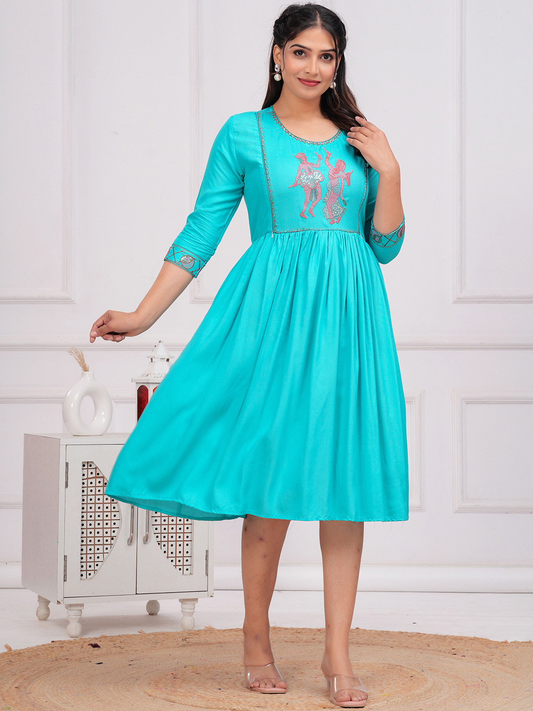 Gvastra Women Embroidered Midi Ethnic Dresses