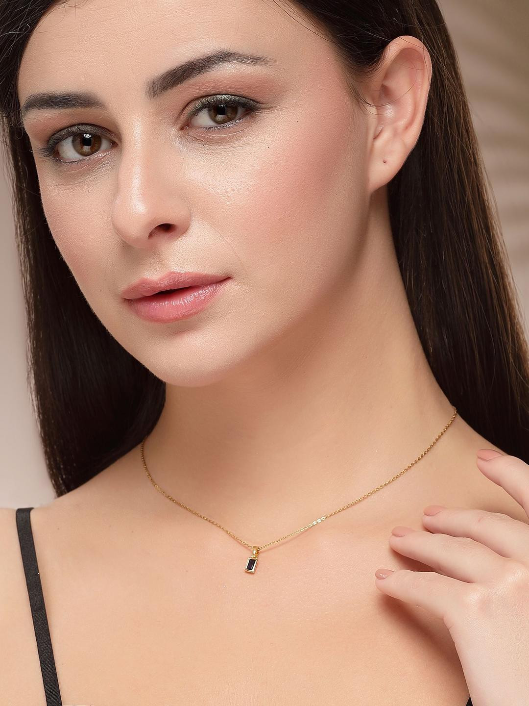 Bohey by KARATCART Gold-Plated Crystals Studded Rectangular Shaped Pendant With Chain