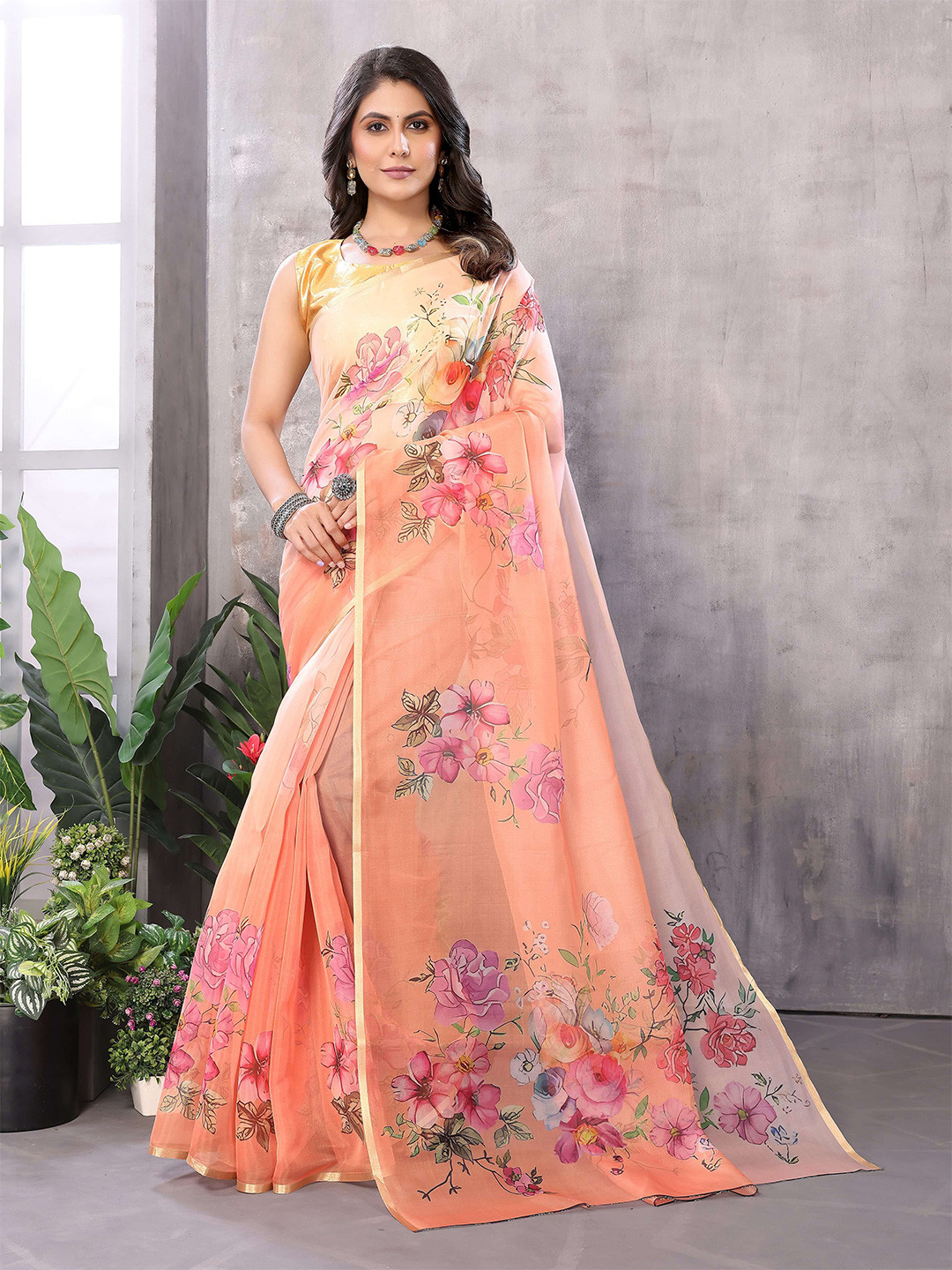 Mitera Organza Golden Zari Piping Floral Saree With Unstitched Brocade Blouse Piece