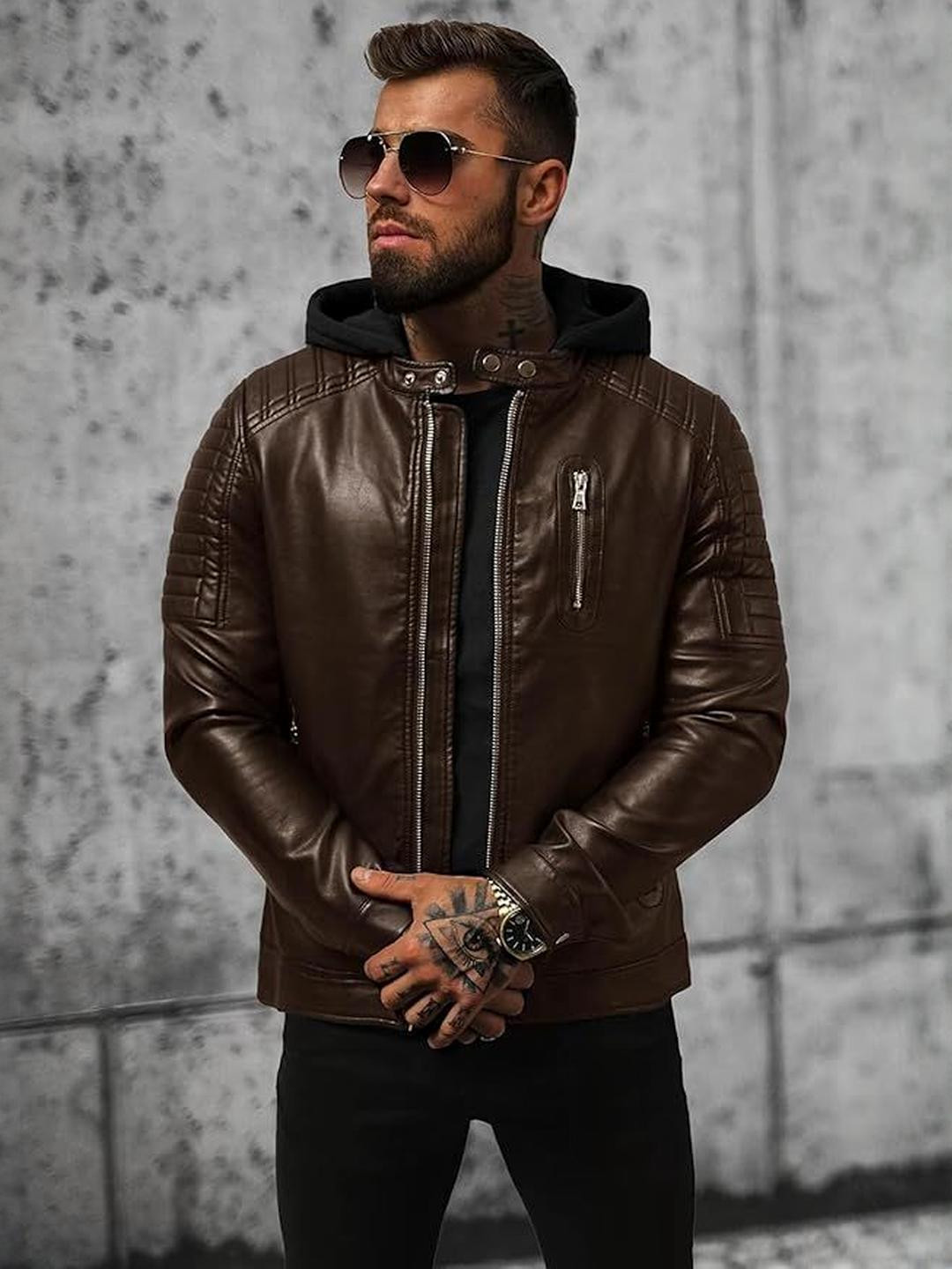 Blaq Ash Men Hooded Solid Biker Jacket