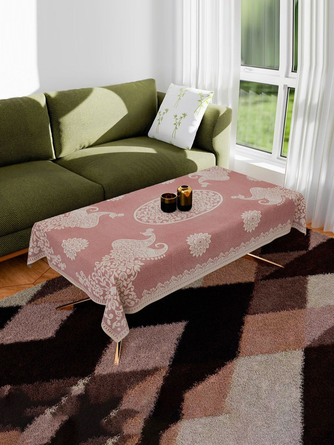 Aura Maroon & Beige Peacock-Design Anti-Skid Cotton 4-Seater Table Cover