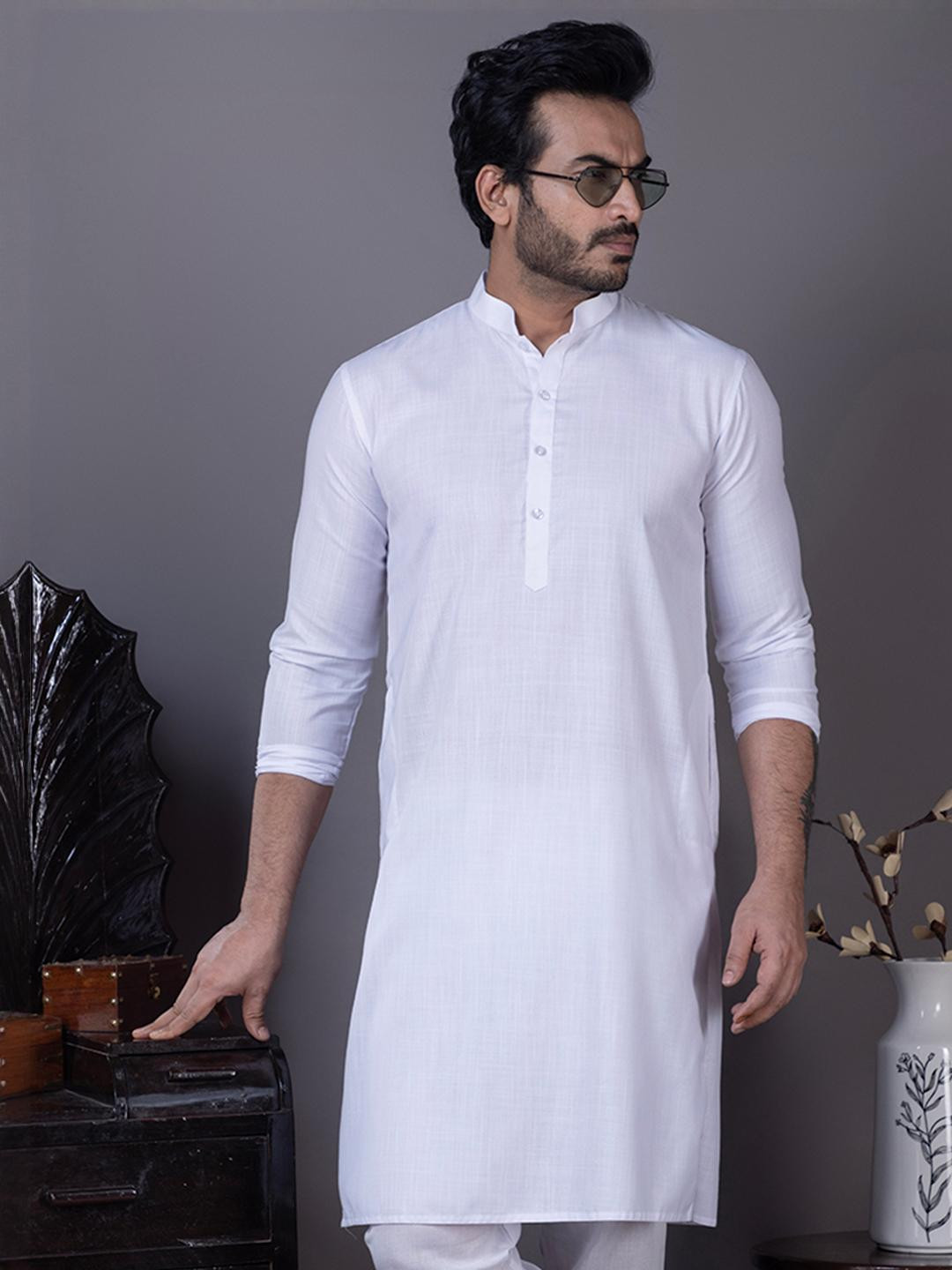 PulseIQ Men White Solid Full Sleeve Knee Length Ethnic Kurta