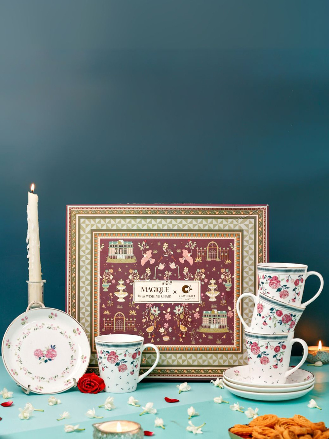 CLAY CRAFT White & Green 8 Pieces Ceramic Printed Glossy Mugs & Plates Tea Set