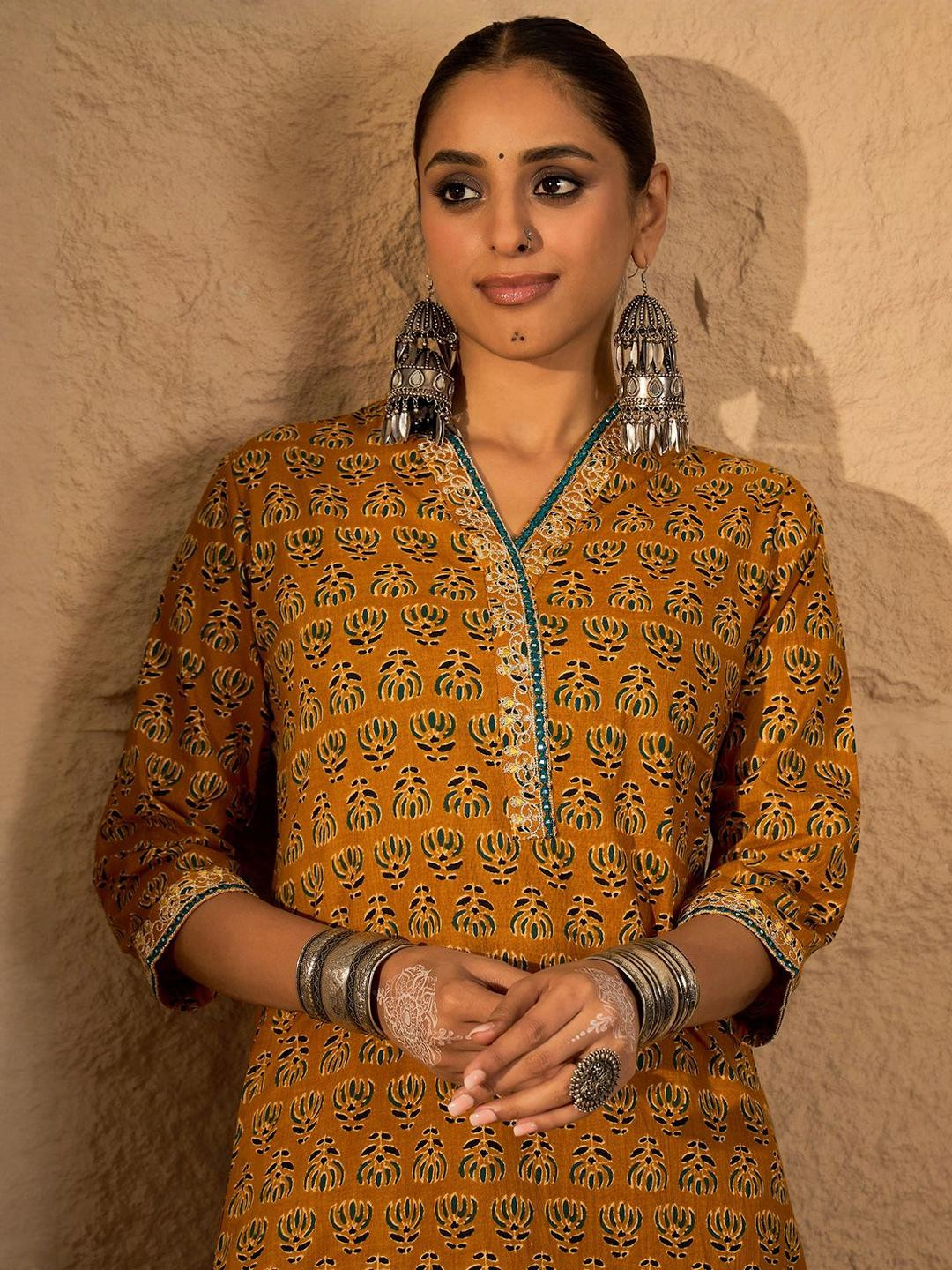 Indo Era Printed Pure Cotton V-Neck Tunic With Trousers