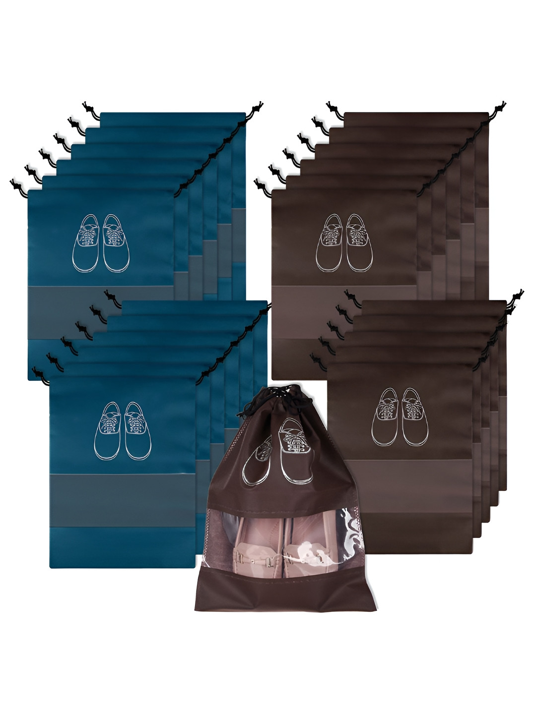 Aura Navy Blue & Coffee Brown 24 Pieces Printed Water Resistant Shoe Cover Bag Organisers
