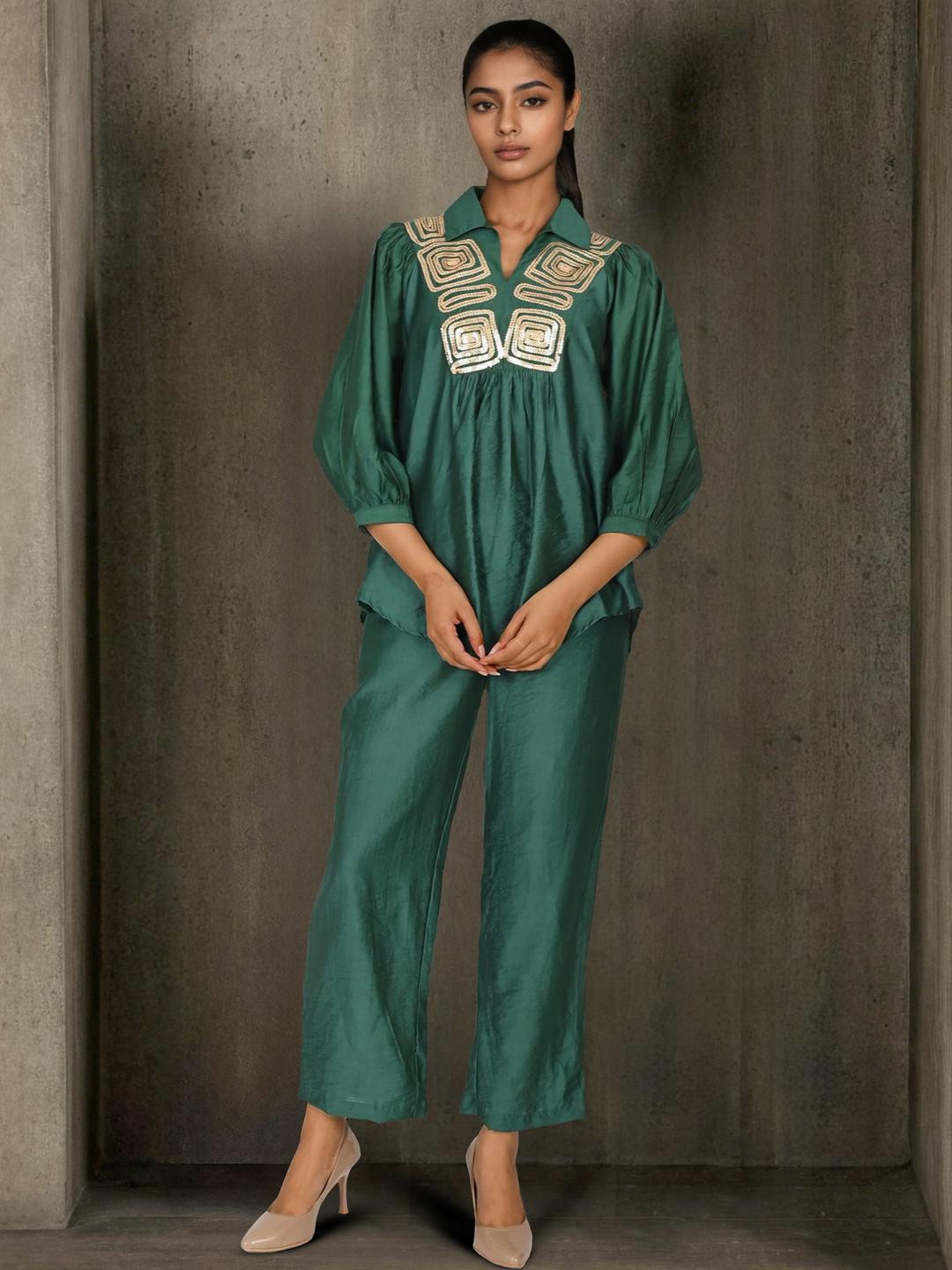 Dora Dori Sequin Embroidered Shirt Collar Chanderi Tunic & Trousers