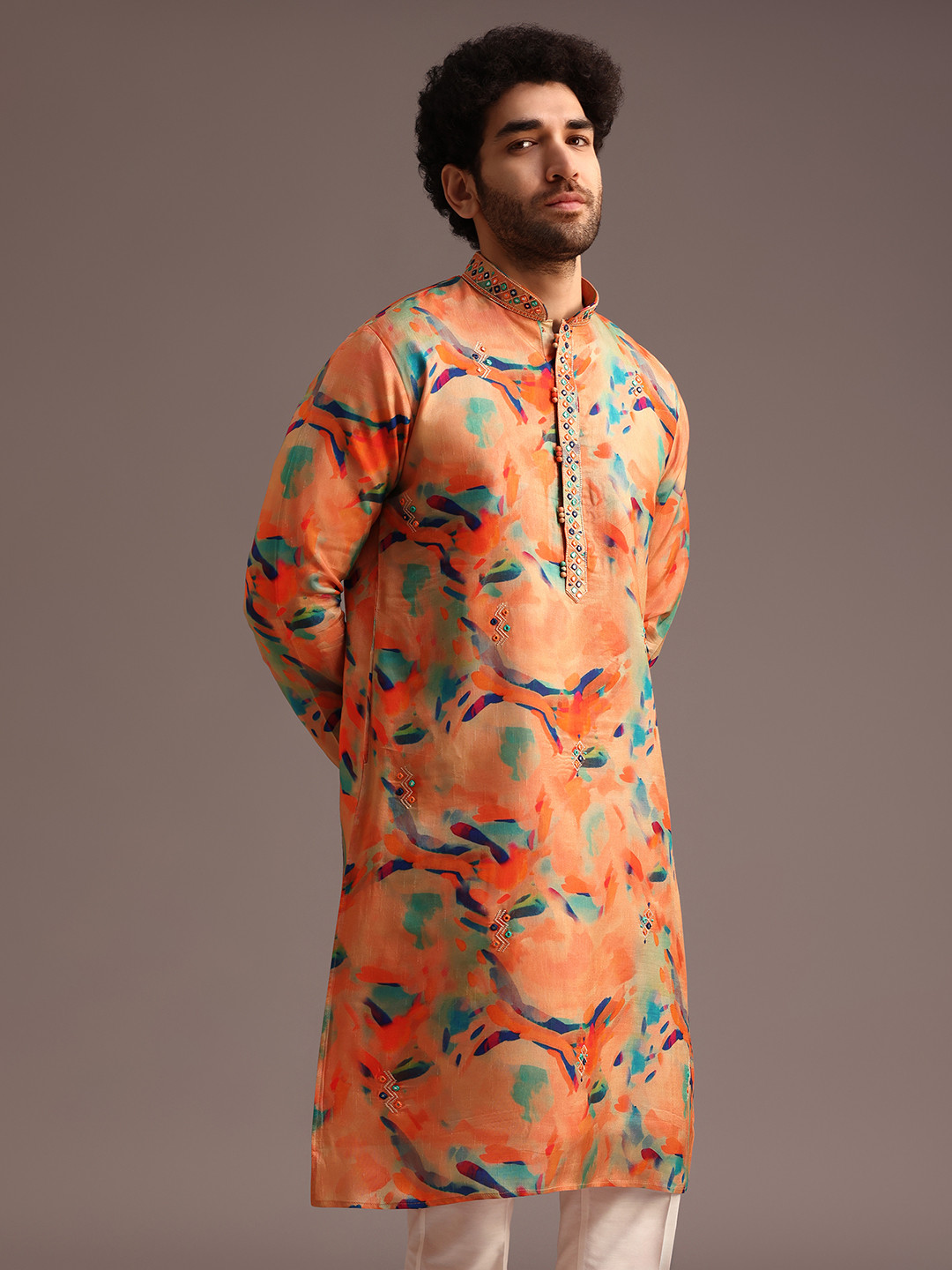 KALKI Fashion Men Abstract Printed Calf Length Regular Straight Kurta with Trousers