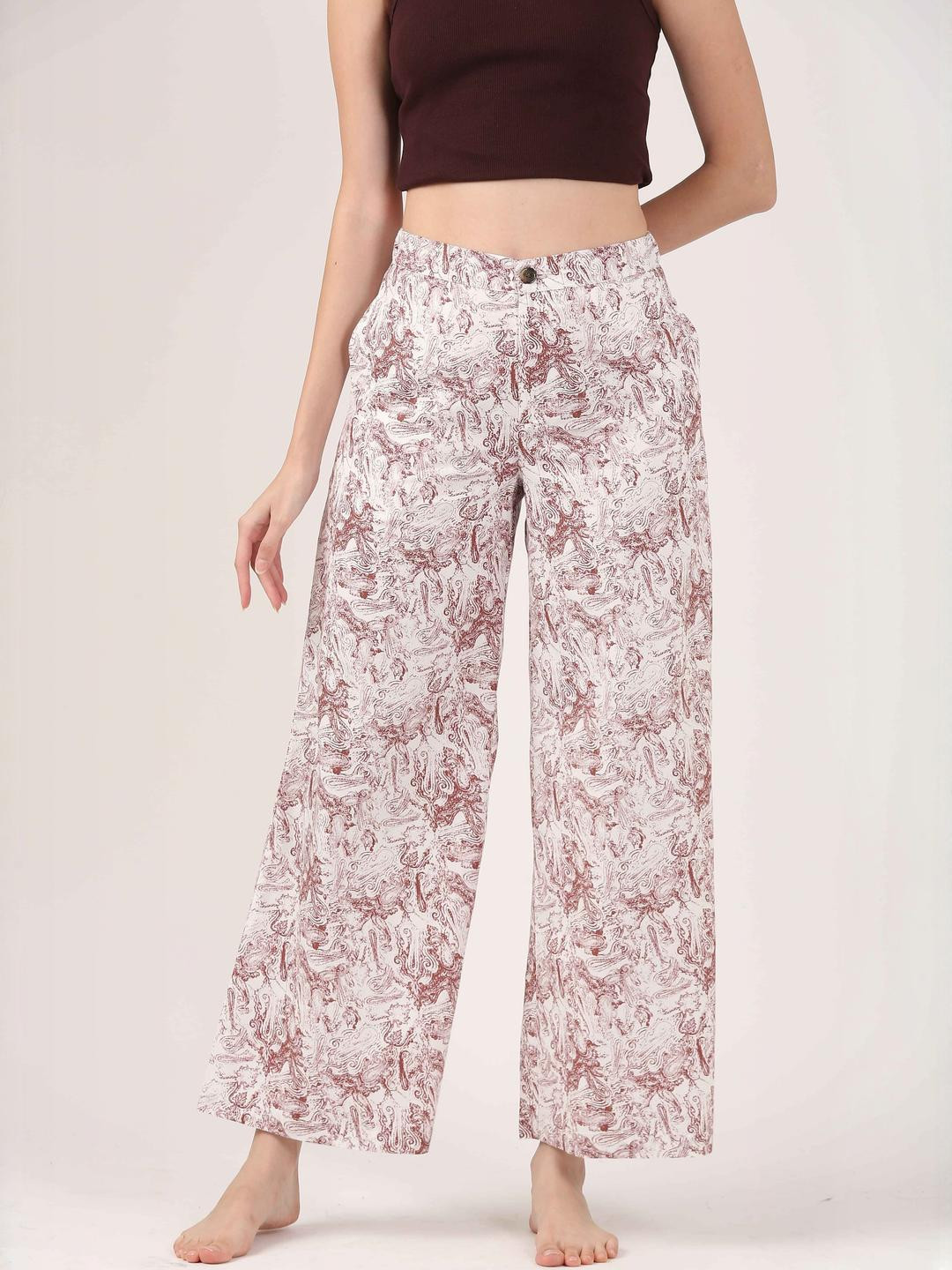 Jolene.club Cream & Rust Viscose Flare Pant - Casual Wide Leg Trousers