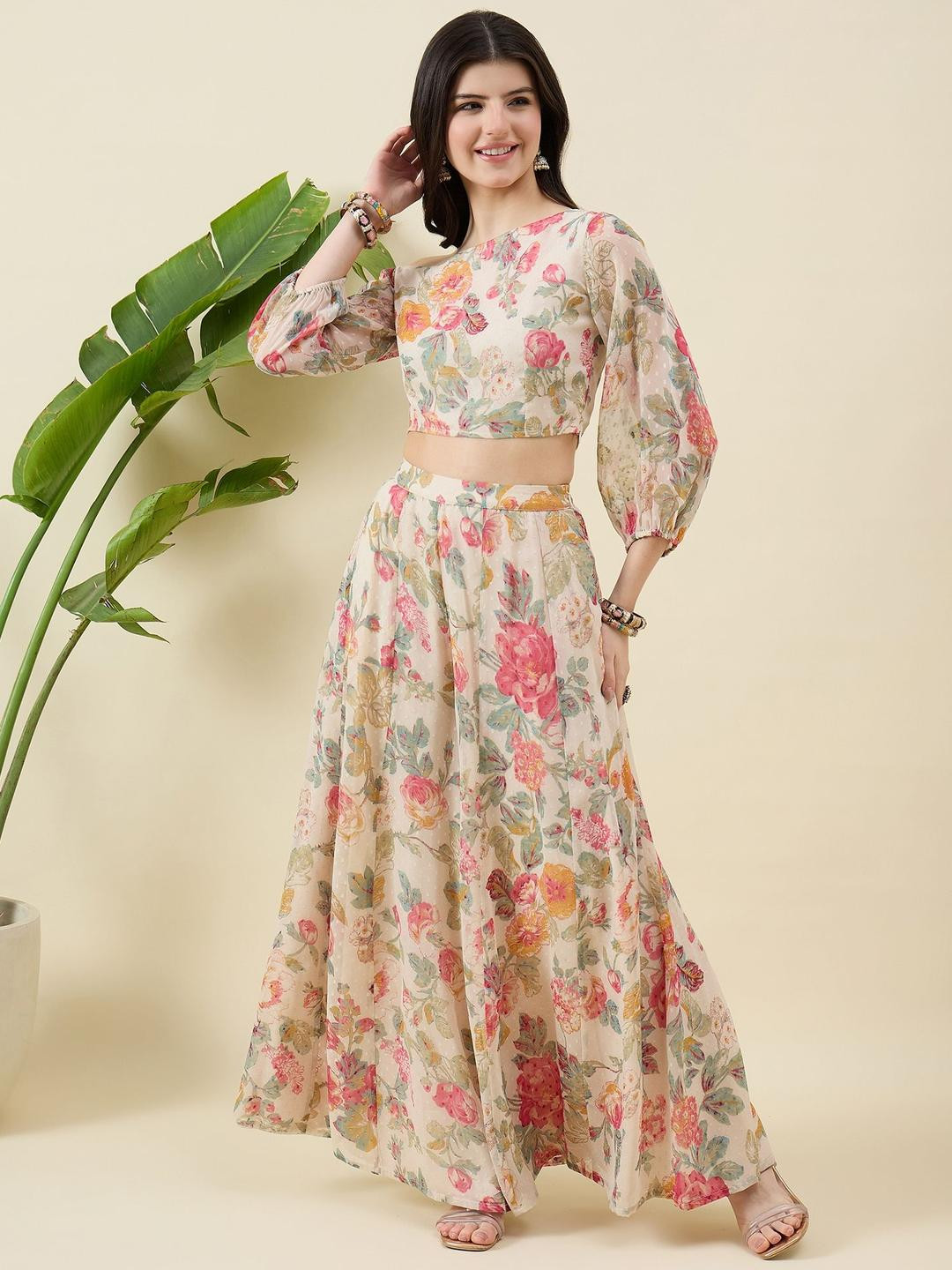 Aritri Floral Printed Balloon Sleeve One Shoulder Top & Palazzos