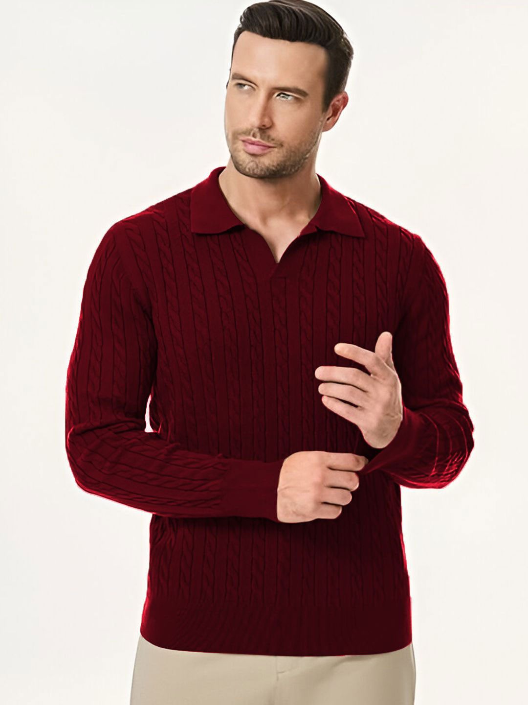 TYSORT Men Striped Ribbed Shirt Collar Regular Woollen Pullover