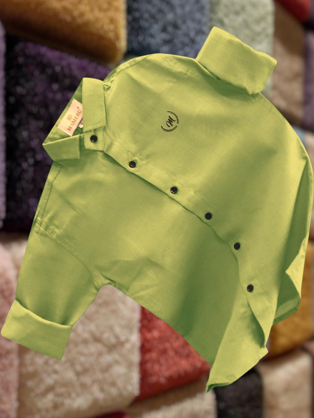 MAMERU Boys Olive Linen Solid Casual Shirts