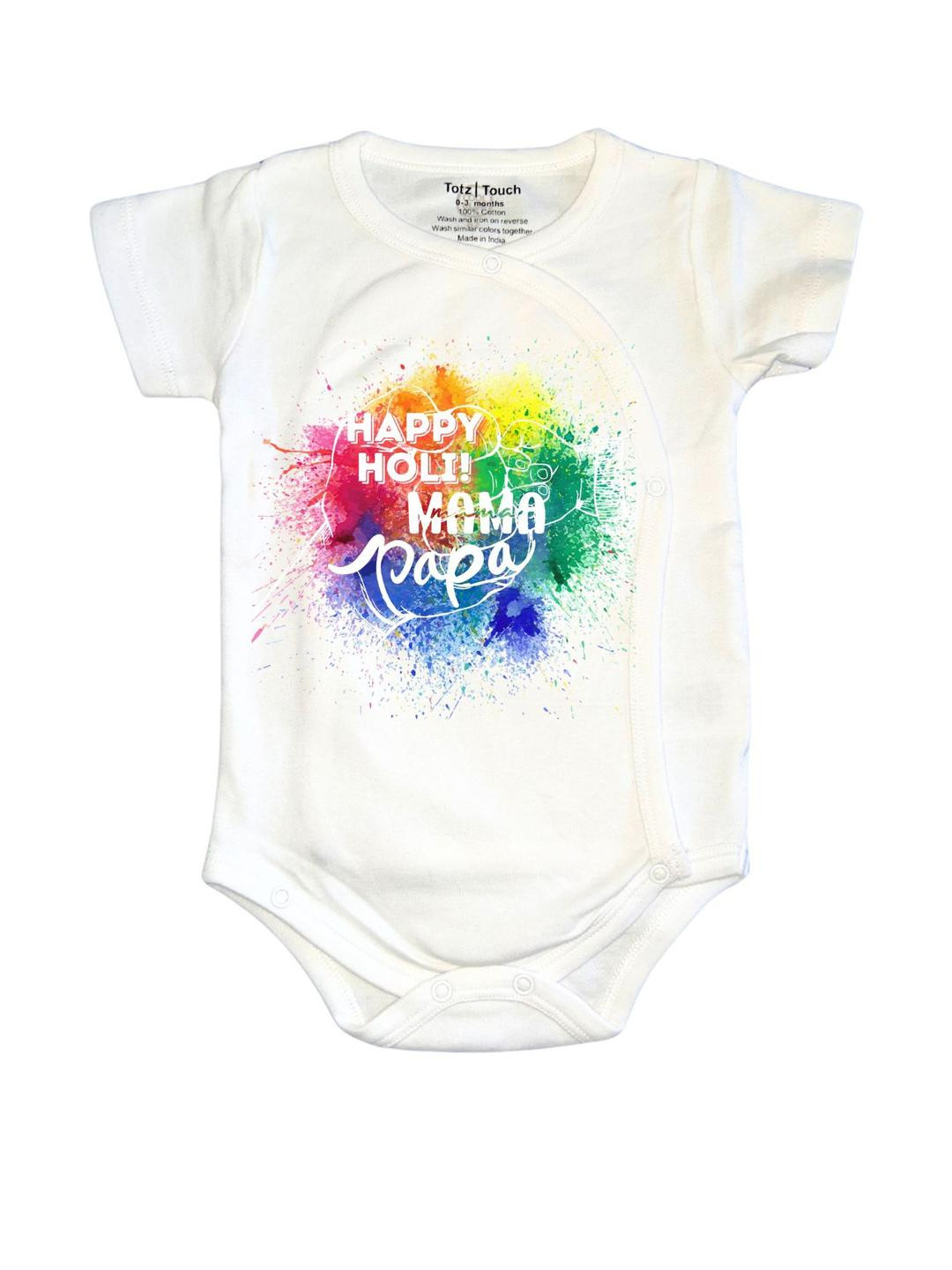 TotzTouch Unisex Baby White Holi-Themed Pure Cotton Printed Cotton Romper