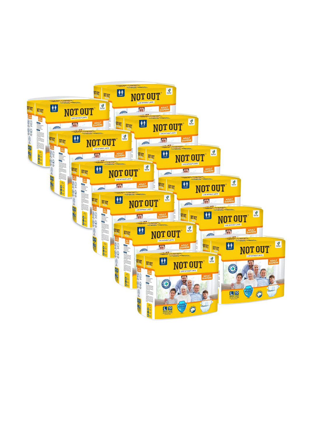 Not Out Set Of 12 Adult Tape Diapers - L - 10 Pieces Each