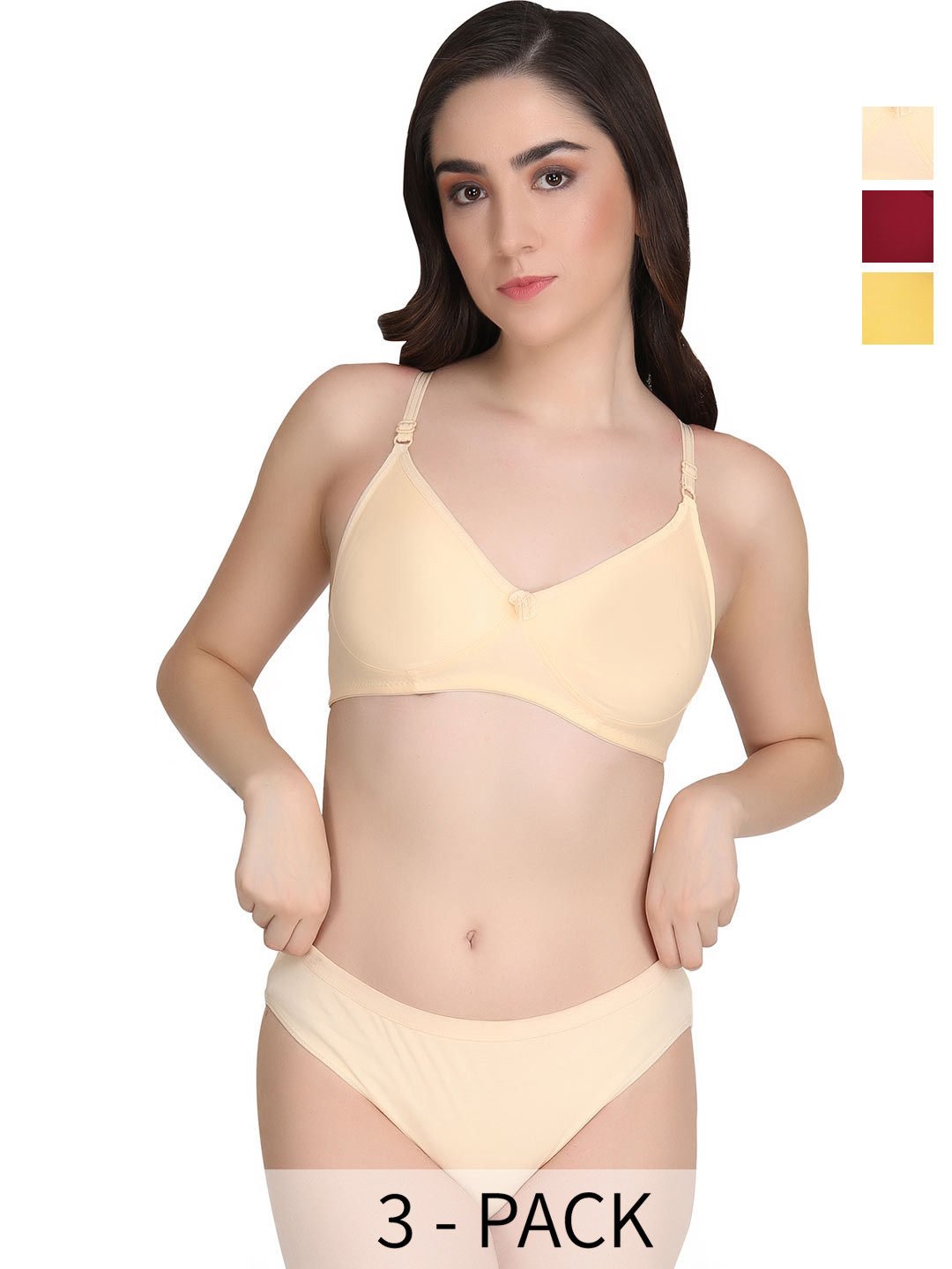 Liigne Women Pack Of 3 Women Solid Lightly Padded Non-WiredM id-Rise Bra Lingerie Set