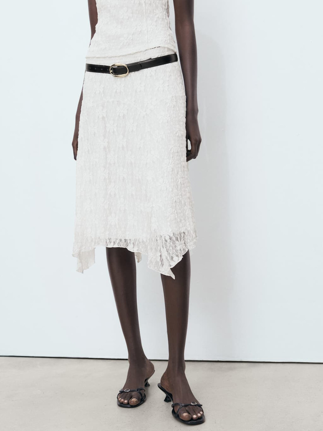 MANGO Floral Self-Design Mid-Rise Asymmetric Lace Midi A-Line Skirt