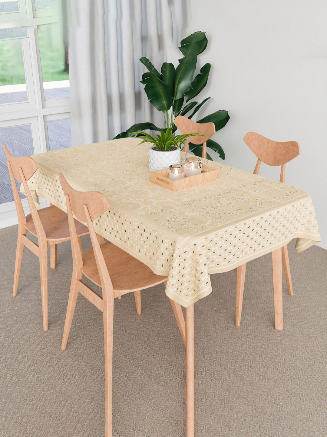 Aura Cream-Coloured Flower Design Anti-Skid Cotton 4-Seater Table Cover