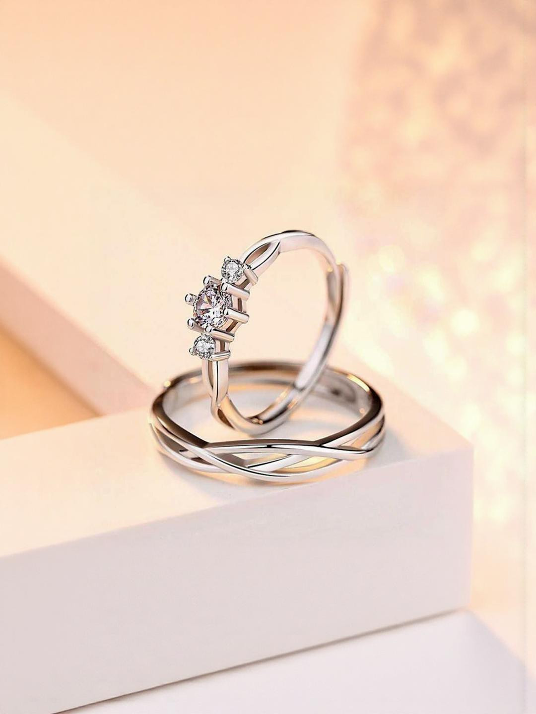 SYFER Stainless Steel Cubic Zirconia Platinum Plated Ring Set