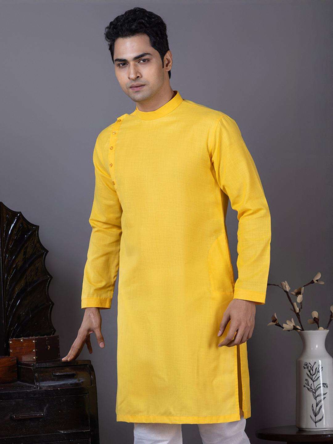 PulseIQ Men's Yellow Mandarin Collar Cotton Kurta