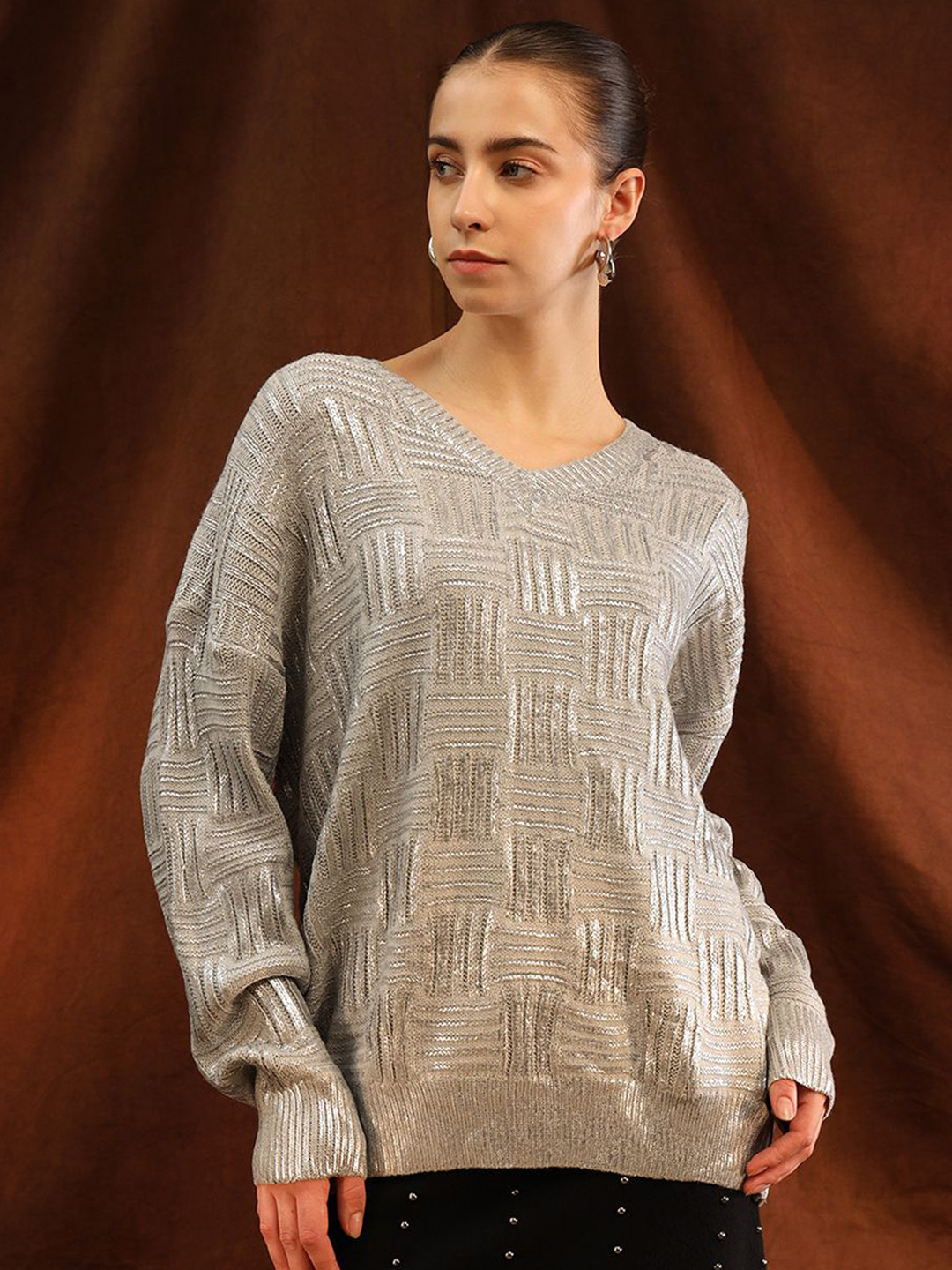 Kazo Women Geometric Self Design V-Neck Long Sleeves Pullover With Foiling