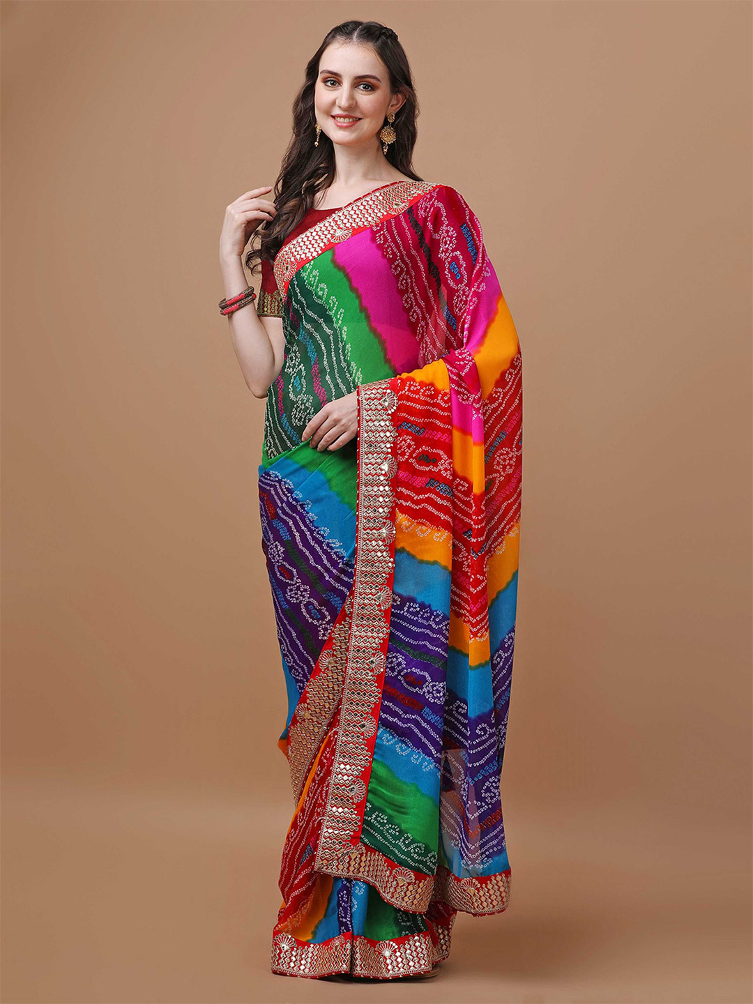 KALINI Bandhani Saree With Lace Border And Unstitched Blouse Piece