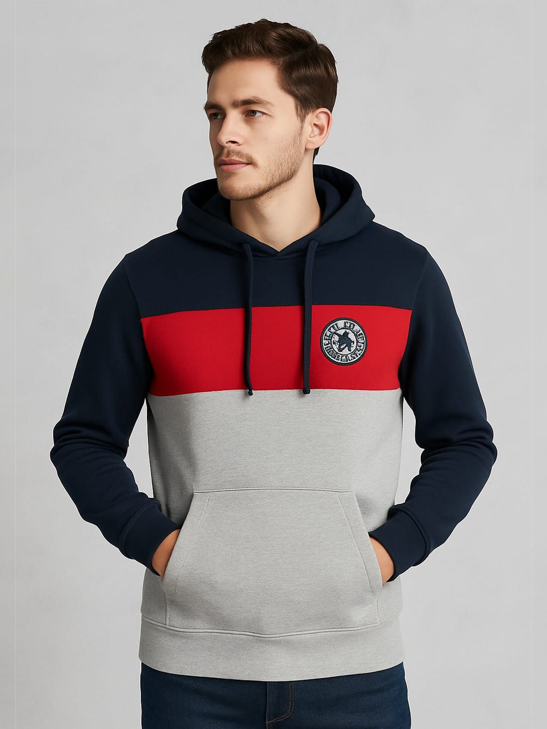 Austin wood Men Colourblocked Striped Long Sleeve Hooded Pullover Sweatshirt