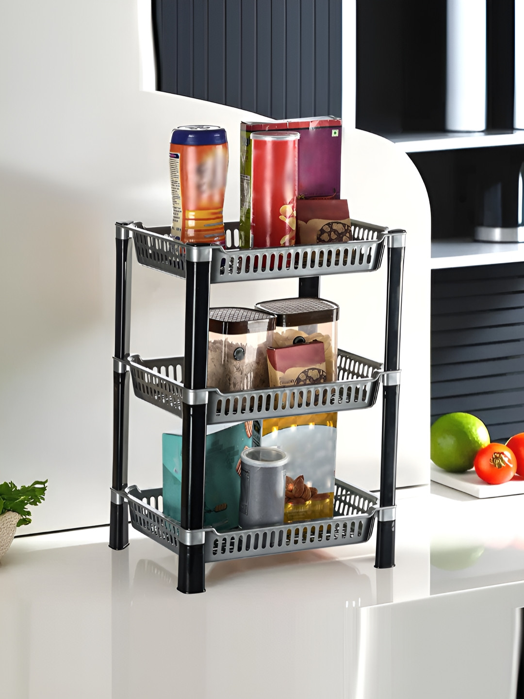 Myntra Elegant Homes Silver-Toned & Black 3-Layer Multipurpose Kitchen Organizer