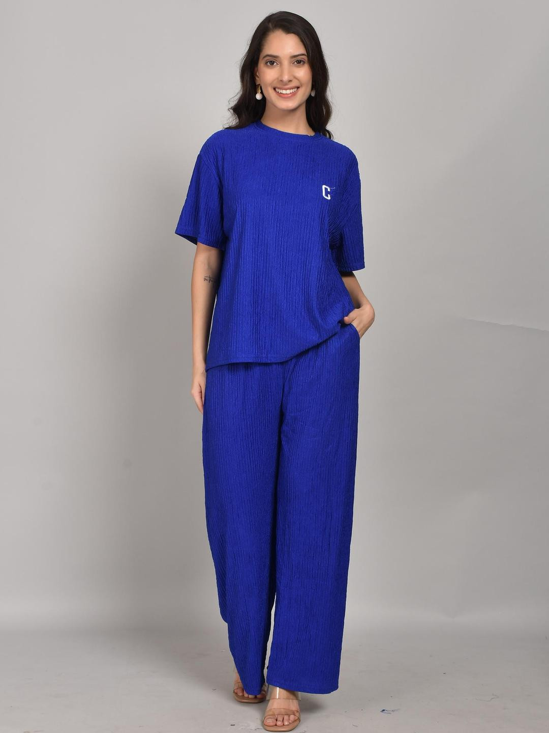 Lugo Women Blue Casual Round Neck Cotton Blend Solid Treanding Co-ords Set