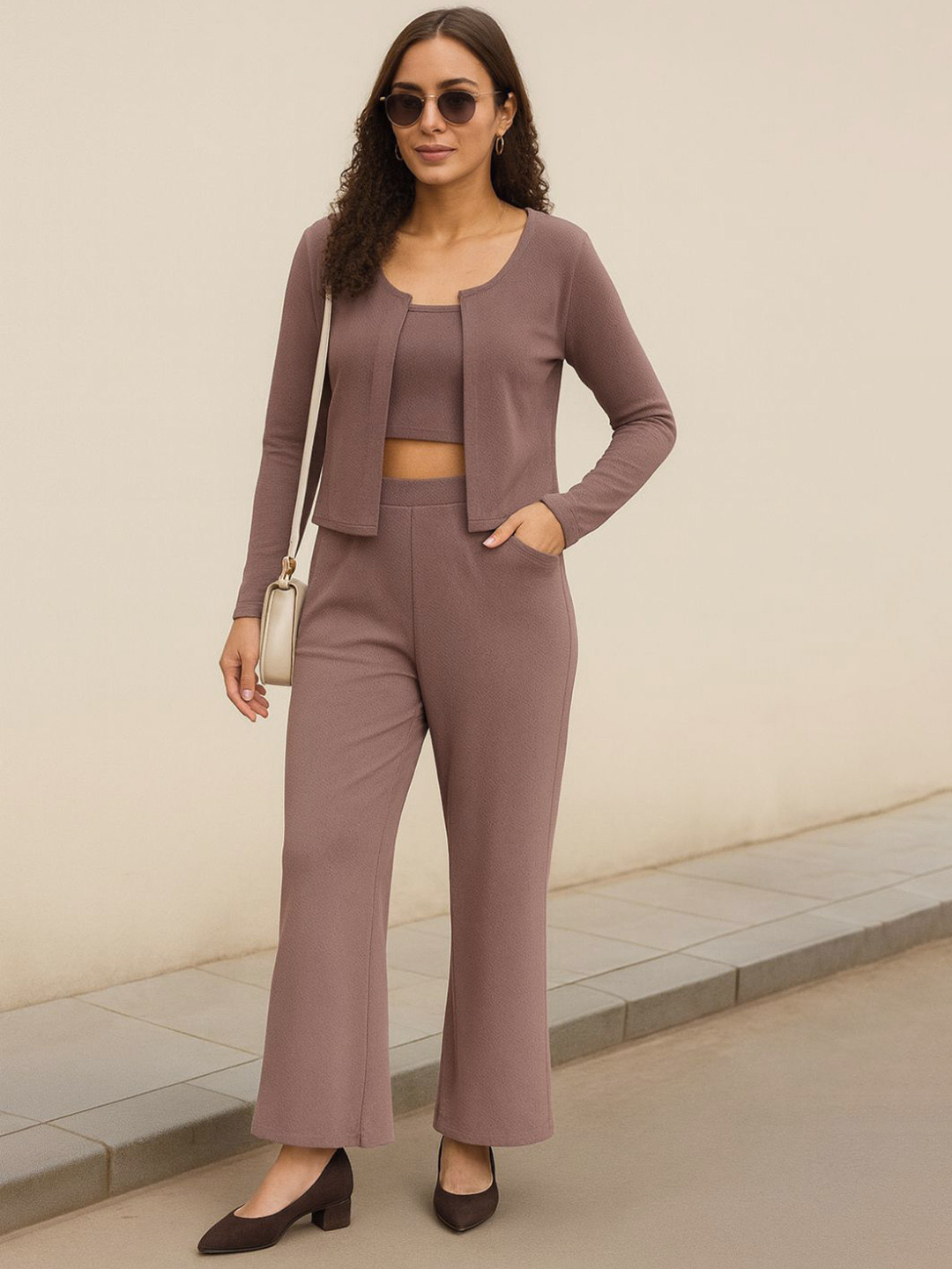 The Roadster Lifestyle Co. Strappy Crop Top & Trousers With Open Front Jacket