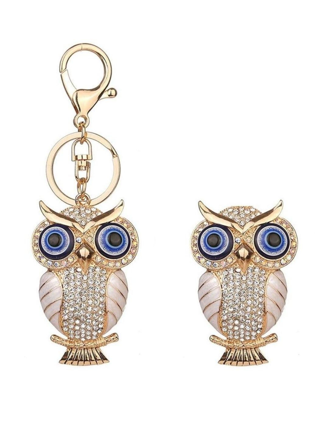 BLUE BEADS Evil Eye Crystal Owl Fridge Magnet and Keychain