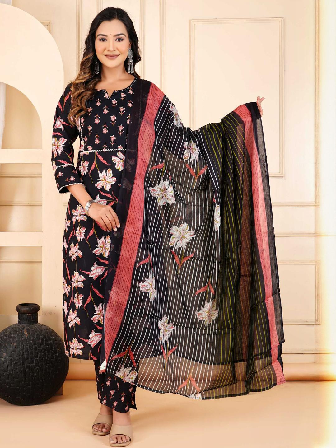 Angkor Women Black Pure Cotton With Dupatta