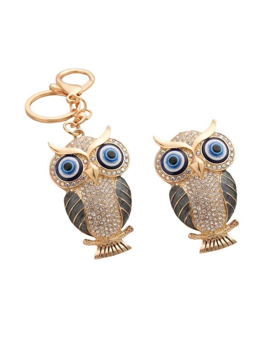 Blue Beads Evil Eye Crystal Owl Fridge Magnet and Keychain Set of 2