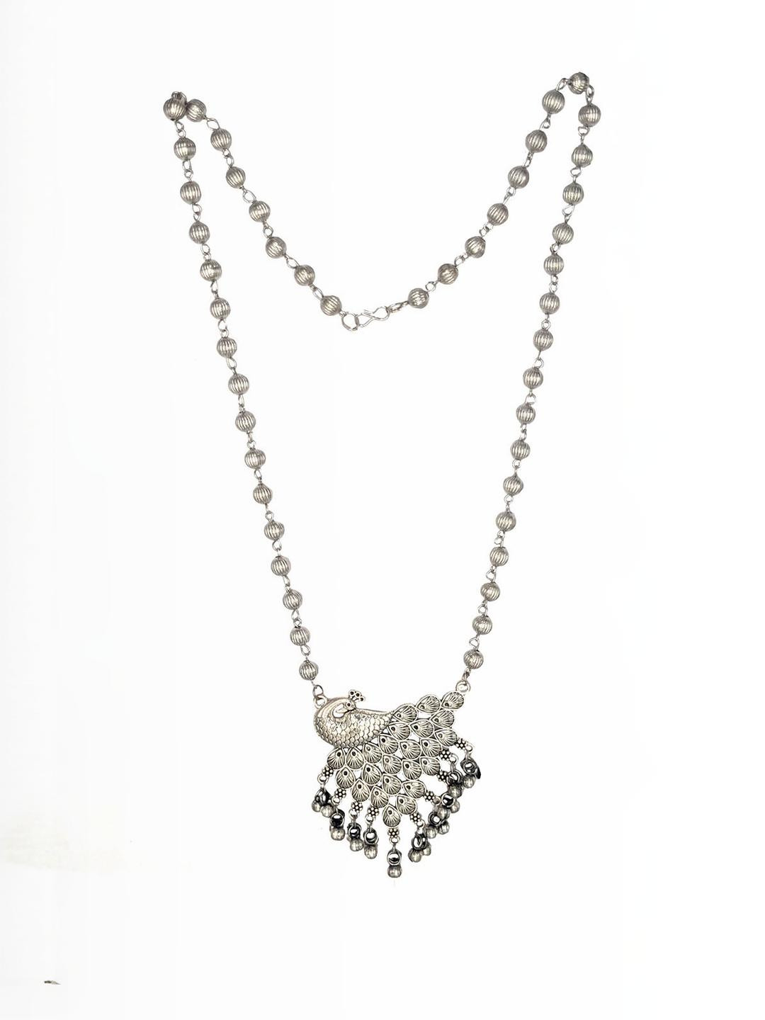 VEDAJ Women Silver Oxidised Silver-Plated Artificial Beads Peacock Long Chain & Earrings