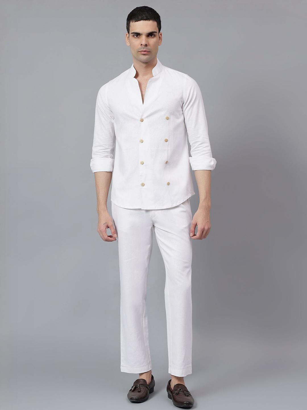 MEGHZ Mandarin Collar Linen Shirt With Trousers