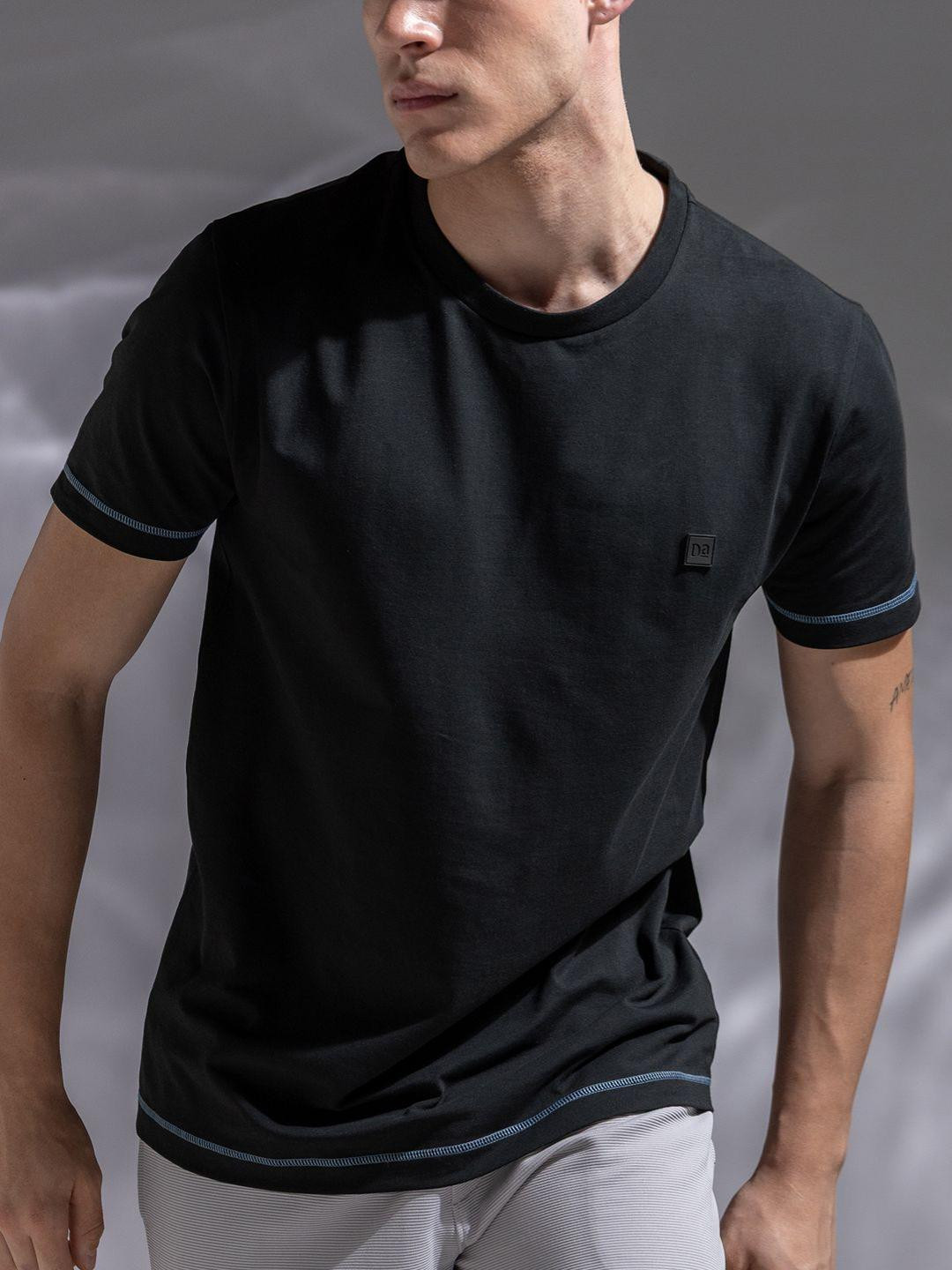 DAMENSCH Round Neck Cotton Contrast Sticth Regular Fit  T-Shirt
