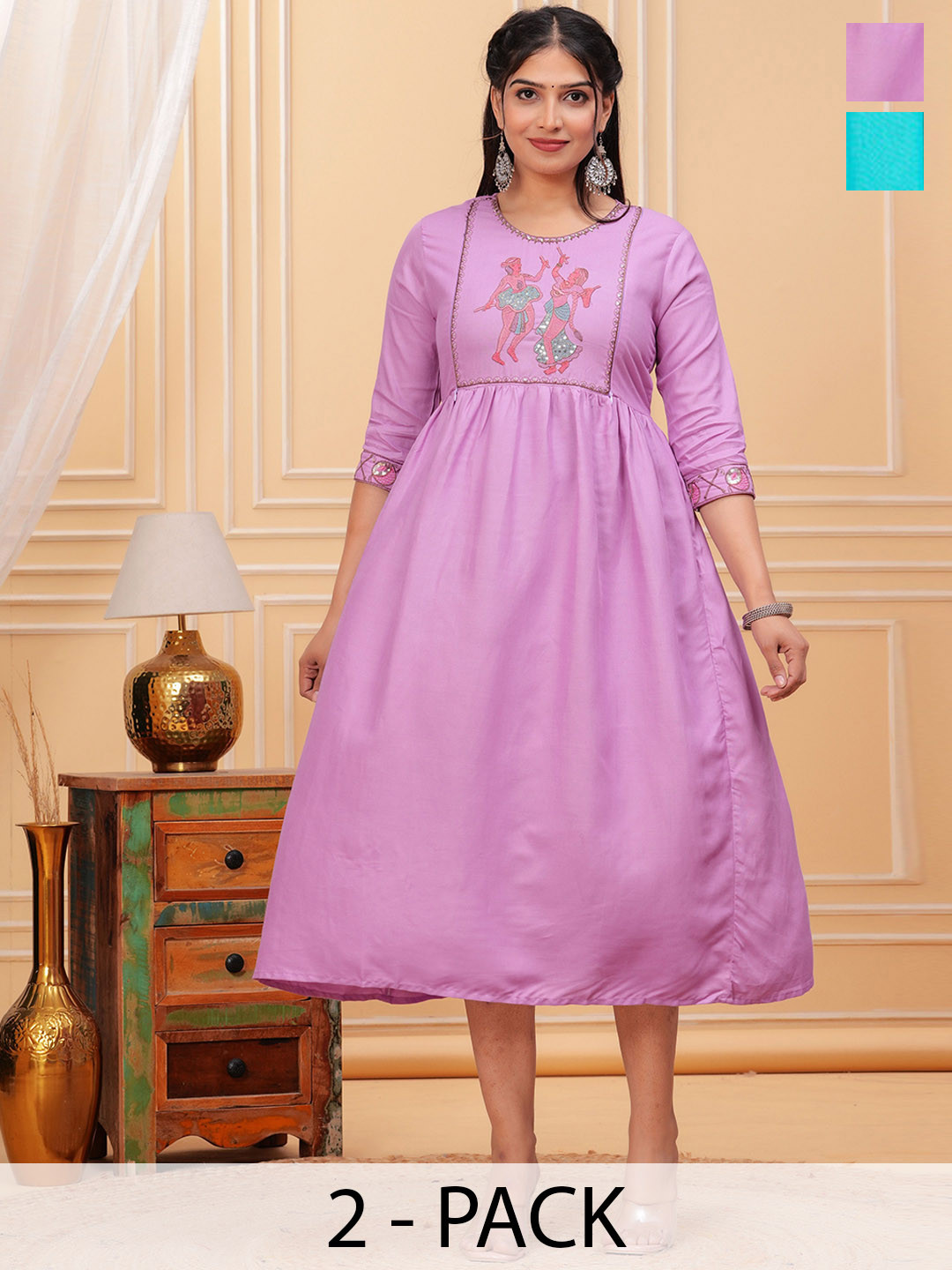 Gvastra Selection Of 2 Embroidered Midi Maternity Ethnic Dresses