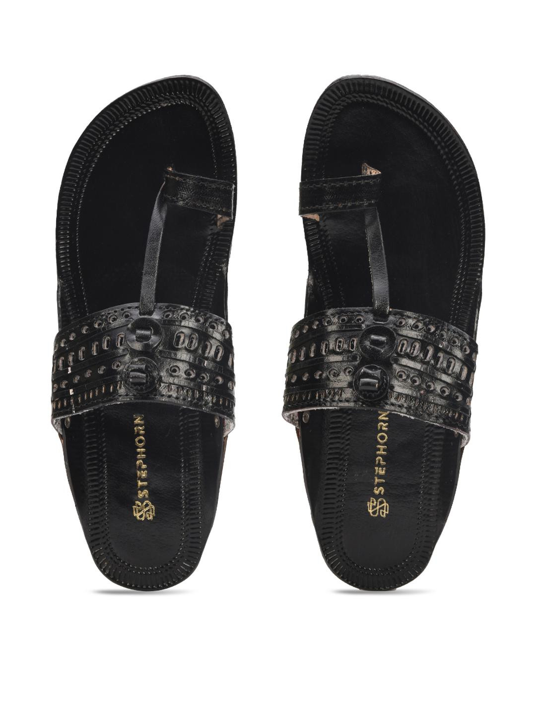 STEPHORN Men Black Leather Comfort Sandals