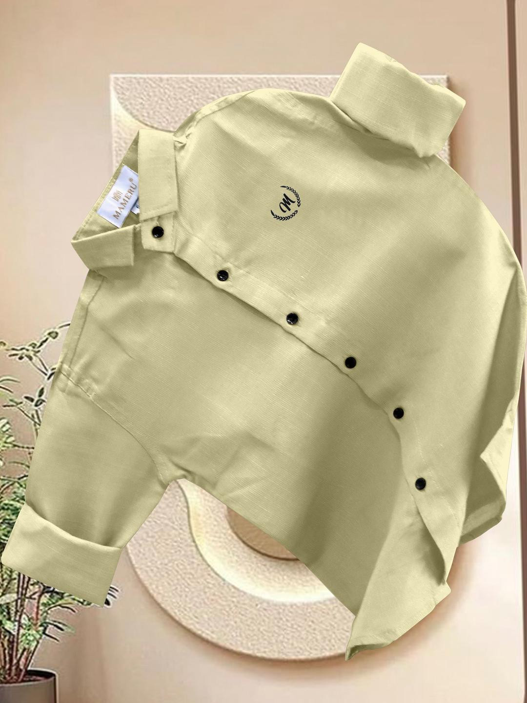 MAMERU Boys Yellow Linen Solid Casual Shirts