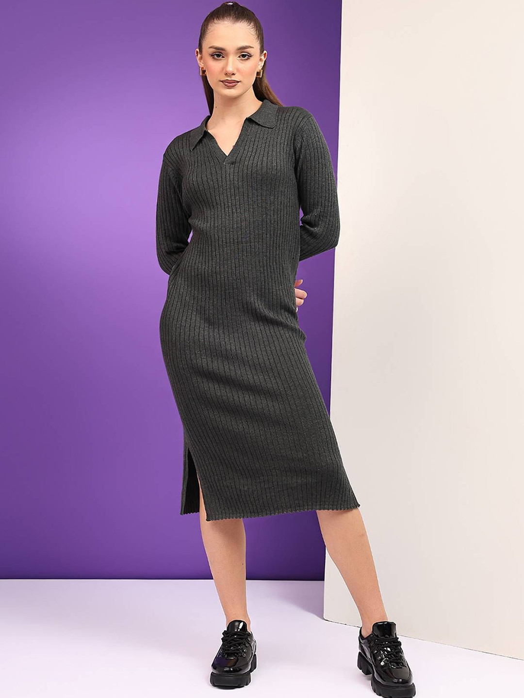 Stylecast X Kotty Women V-Neck Woollen Bodycon Dress