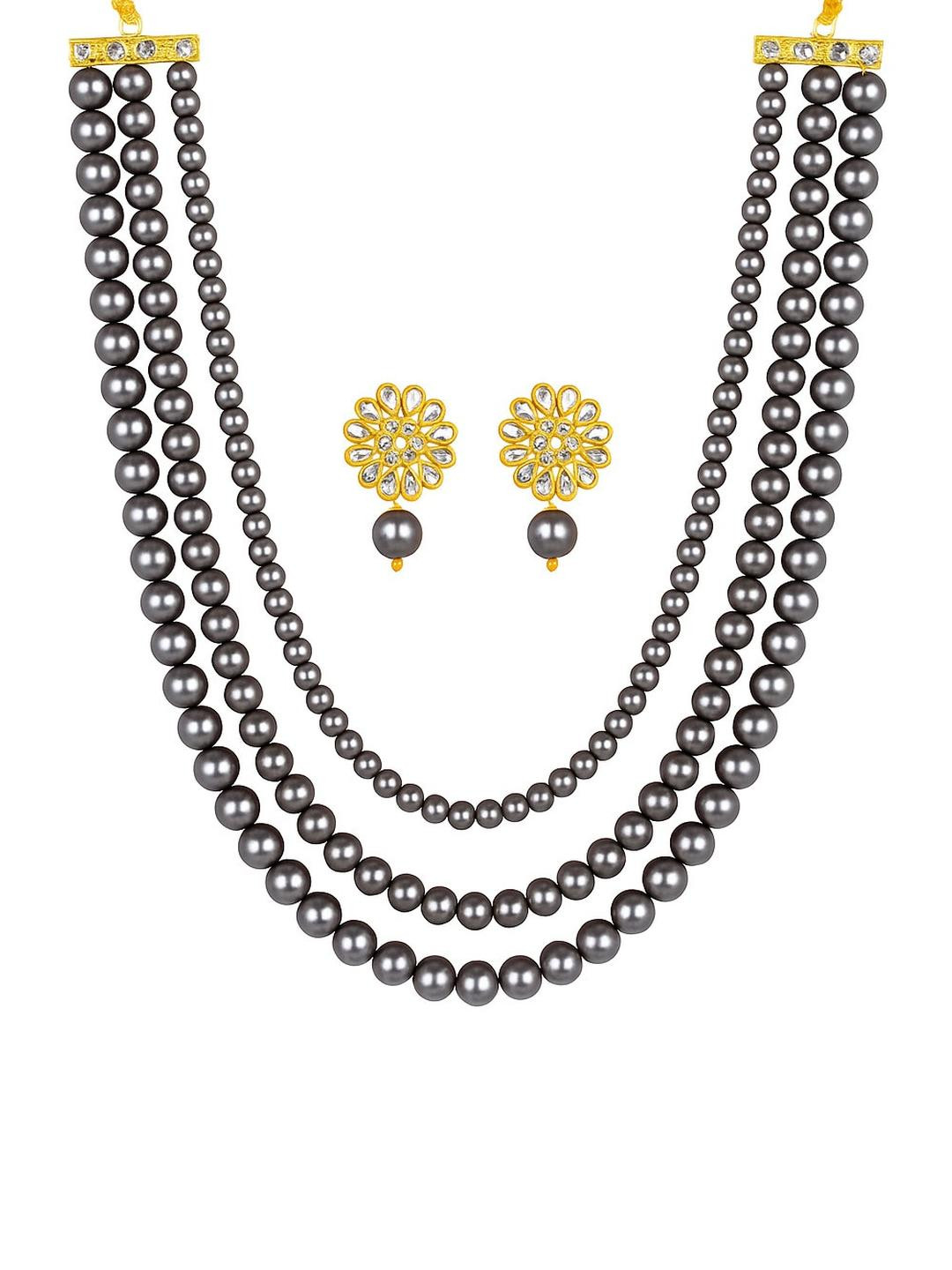 DENICRAAS Pearls Beaded 3 Layer Necklace & Stud Earrings Ethnic Jewelry Set