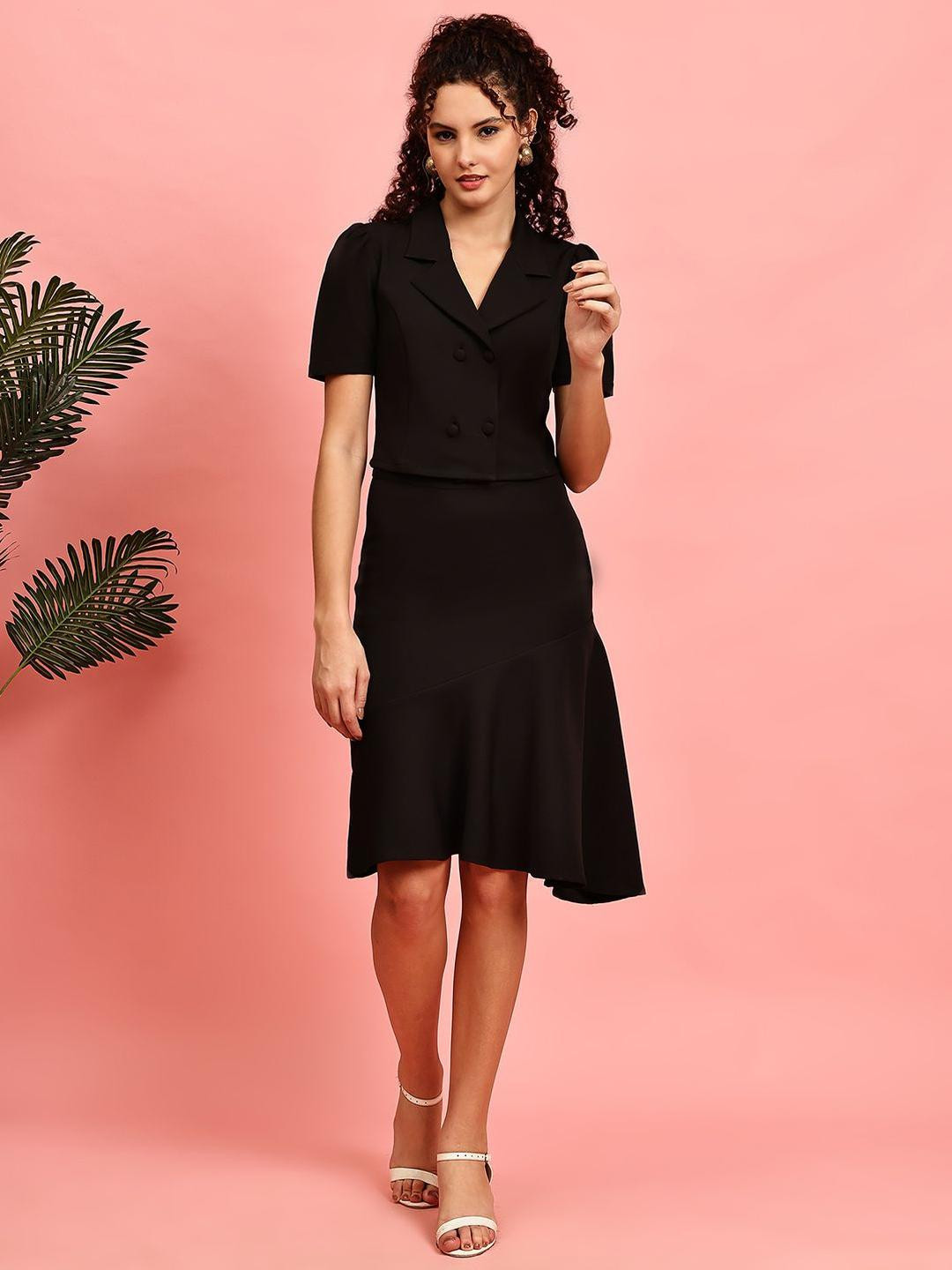 JAKANARY Notched Lapel Collar V-Neck Coat With Skirt