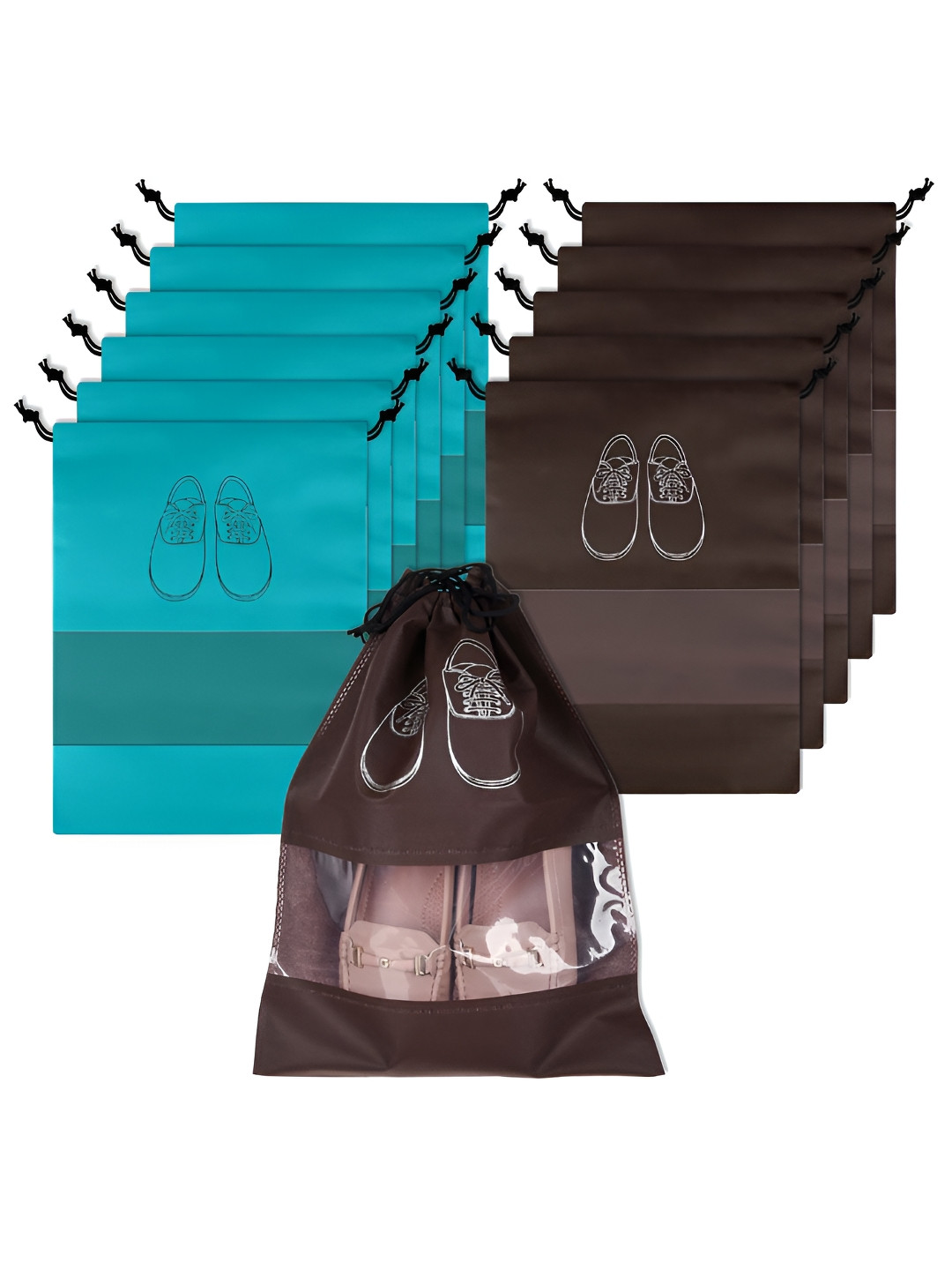 Aura Green & Coffee Brown 12 Pieces Printed Water Resistant Shoe Cover Bag Organisers