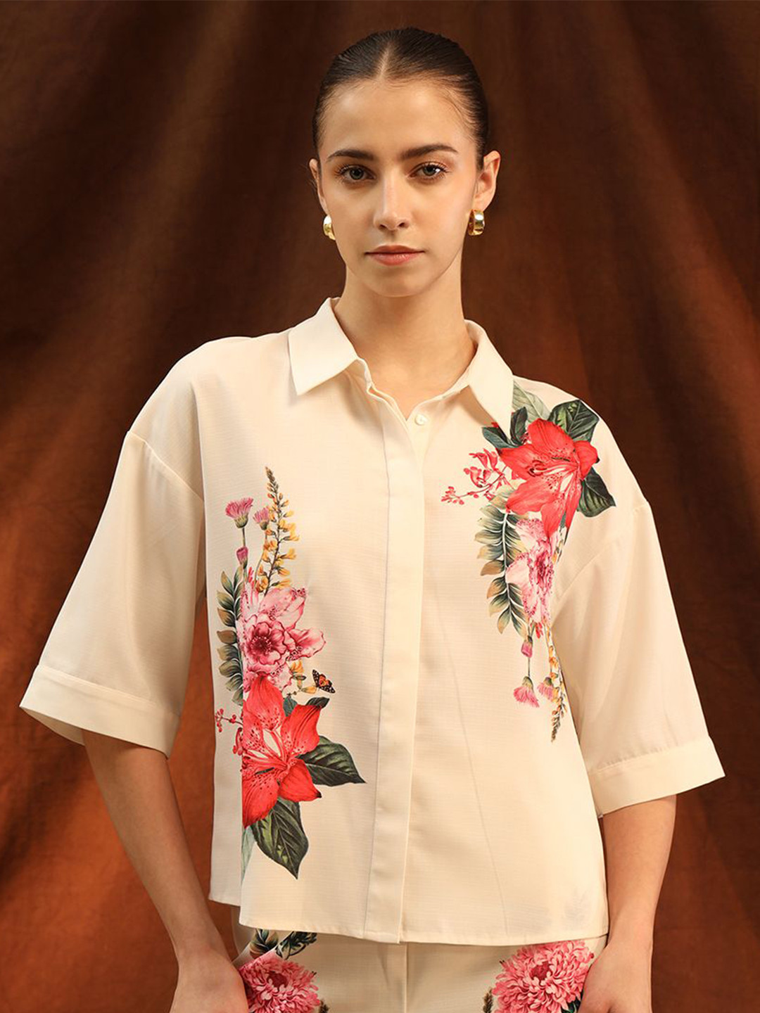 Kazo Celine Floral Printed Drop-Shoulder Sleeves Shirt